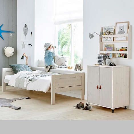 Lifetime Basic bed 90,120,140 cm. breed, wit,bureau,commode op wielen,2 deurskast,greep leder,grey wash,overtrek Discover